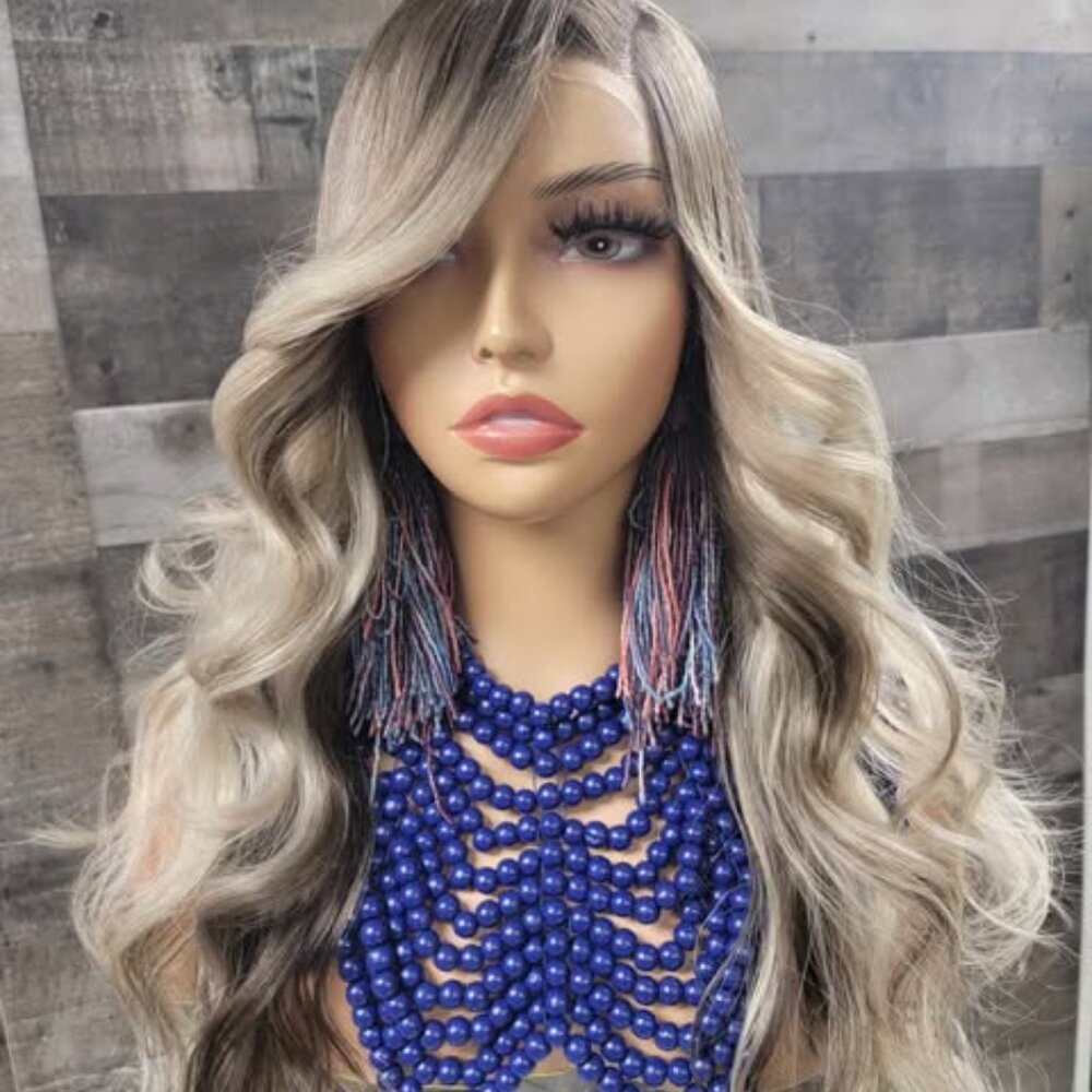 dark brown ash blonde colored lacefrontal human hair wig